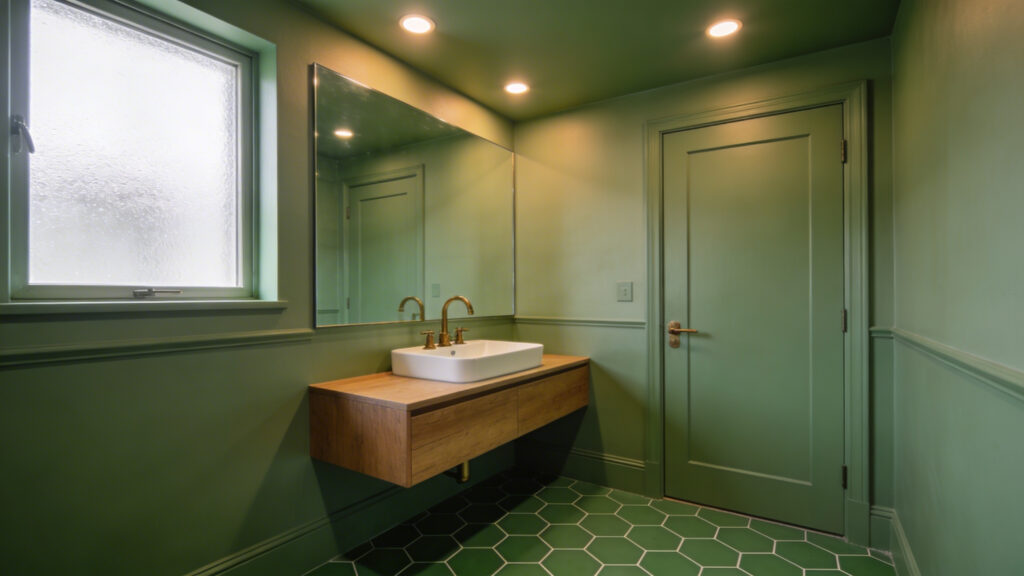 A small bathroom featuring color drenching with walls and ceiling painted in a uniform sage green to reduce spatial anxiety.