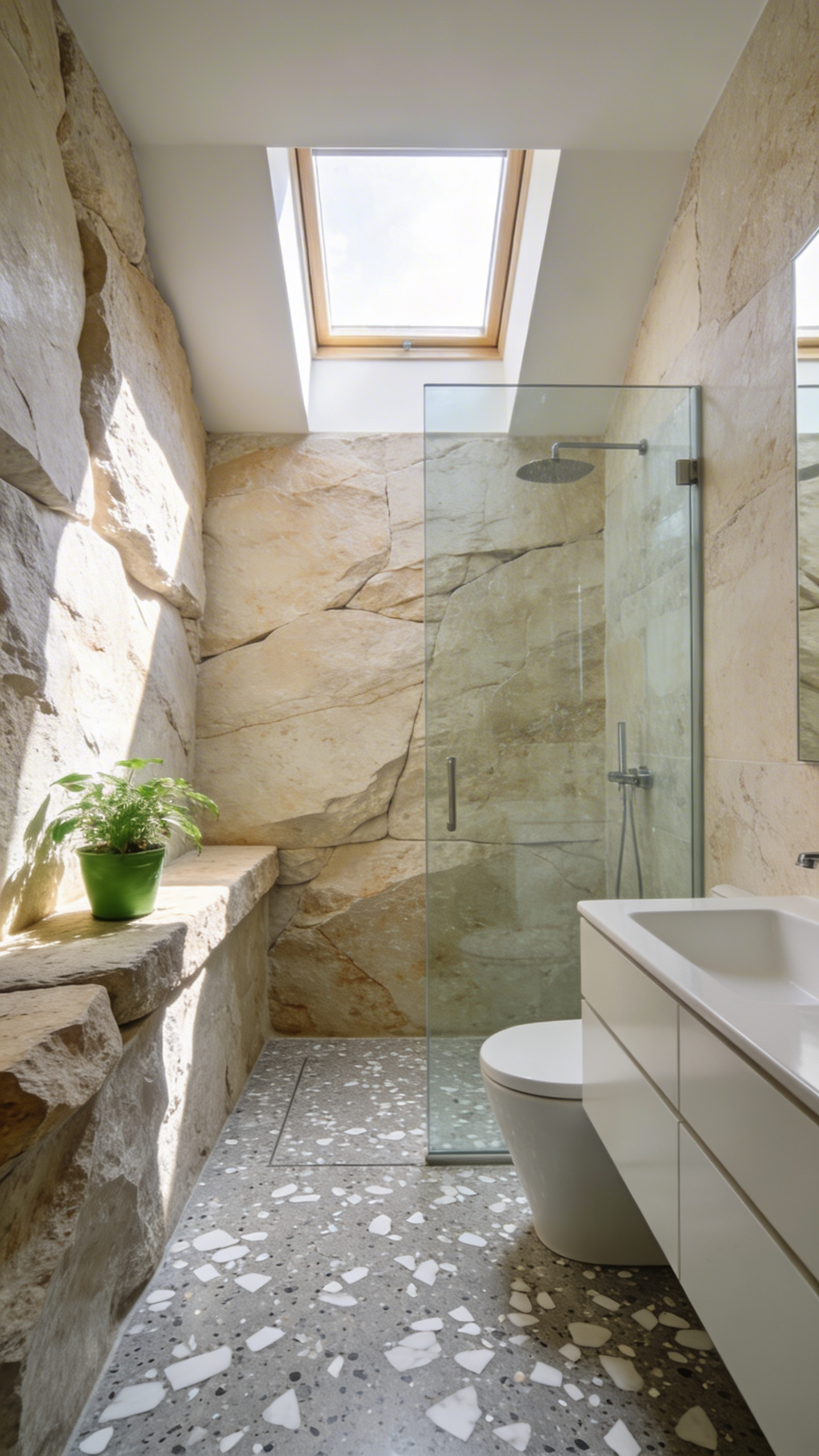 A bright small bathroom featuring eco-friendly cement-based terrazzo flooring and natural stone walls under soft natural light.