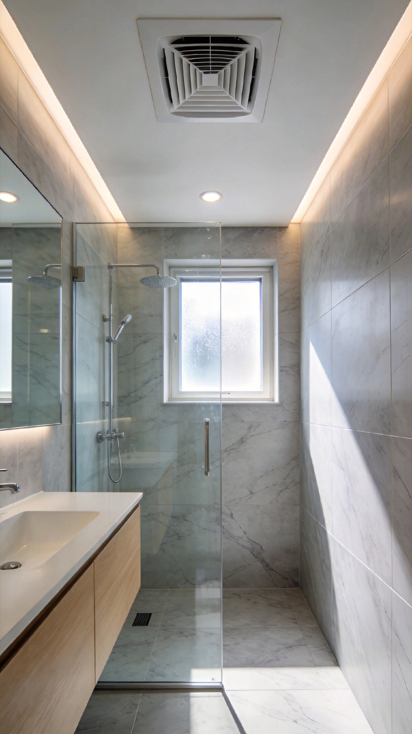 A modern small bathroom with a high-CFM ceiling ventilation fan, gray marble tiles, and a glass shower.