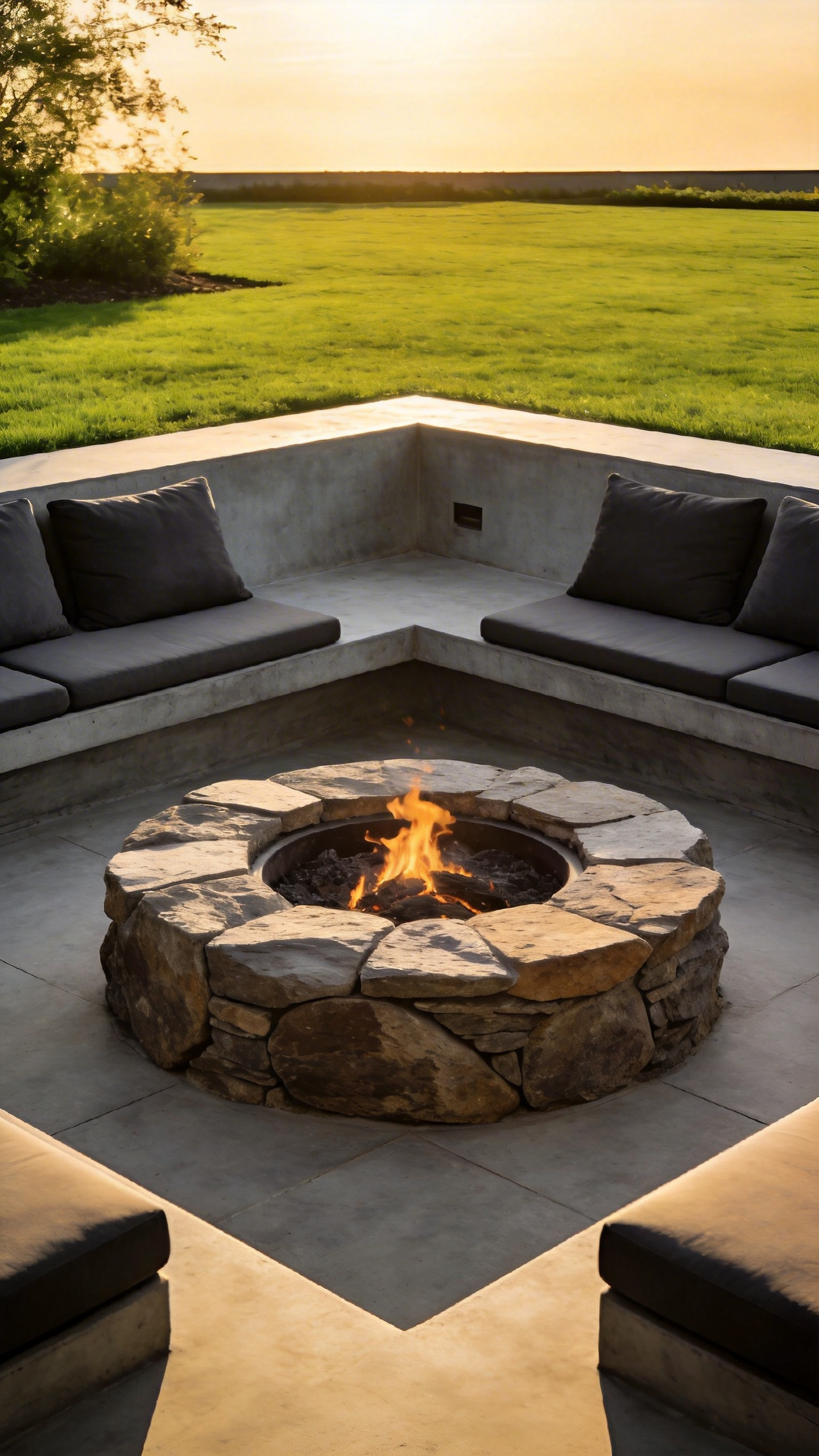 A modern sunken conversation pit with a central stone firepit and built-in gray seating integrated into a luxury backyard landscape at sunset.