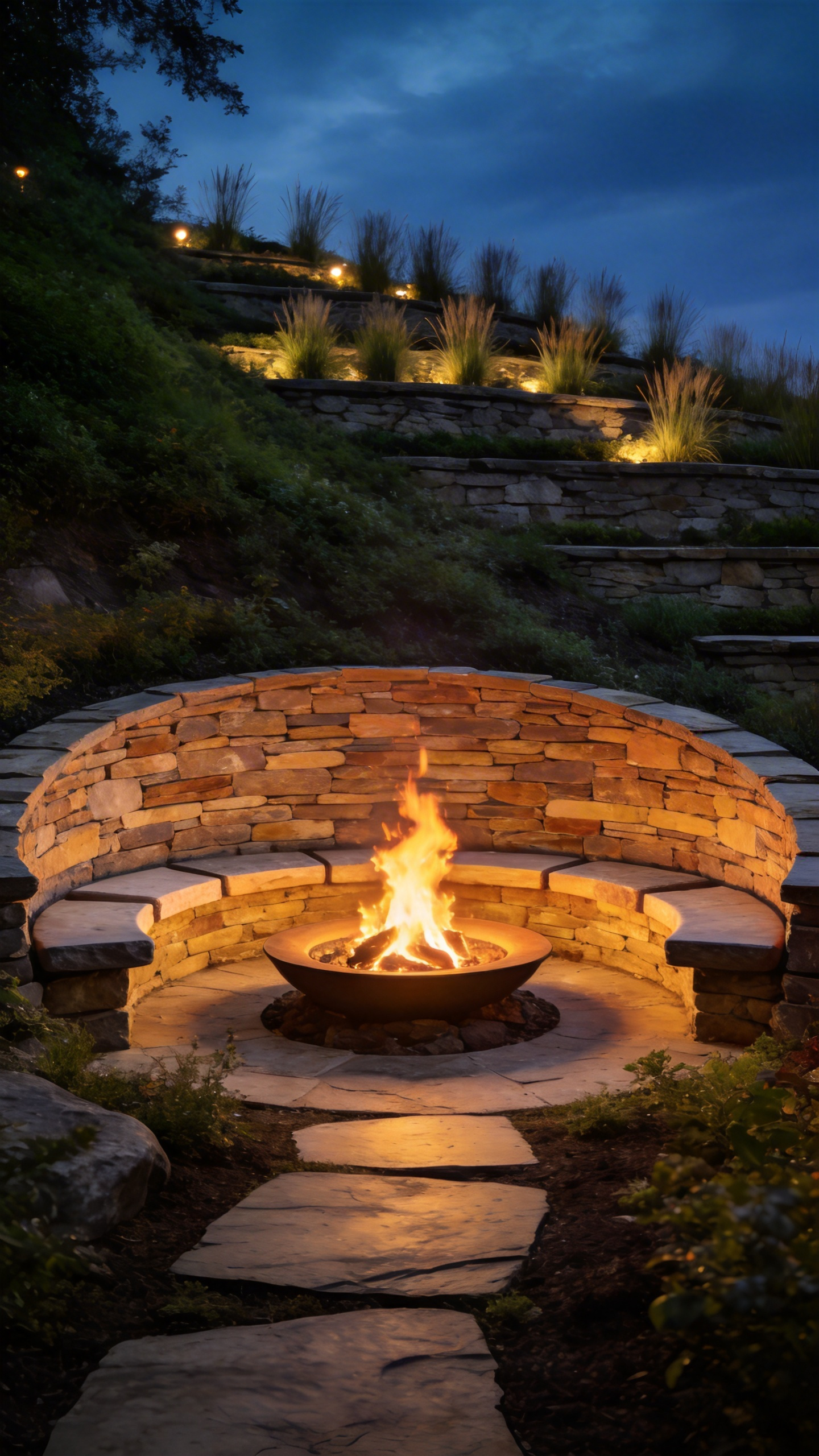 A terraced backyard fire pit built into a hillside with stone retaining walls and natural seating at twilight.