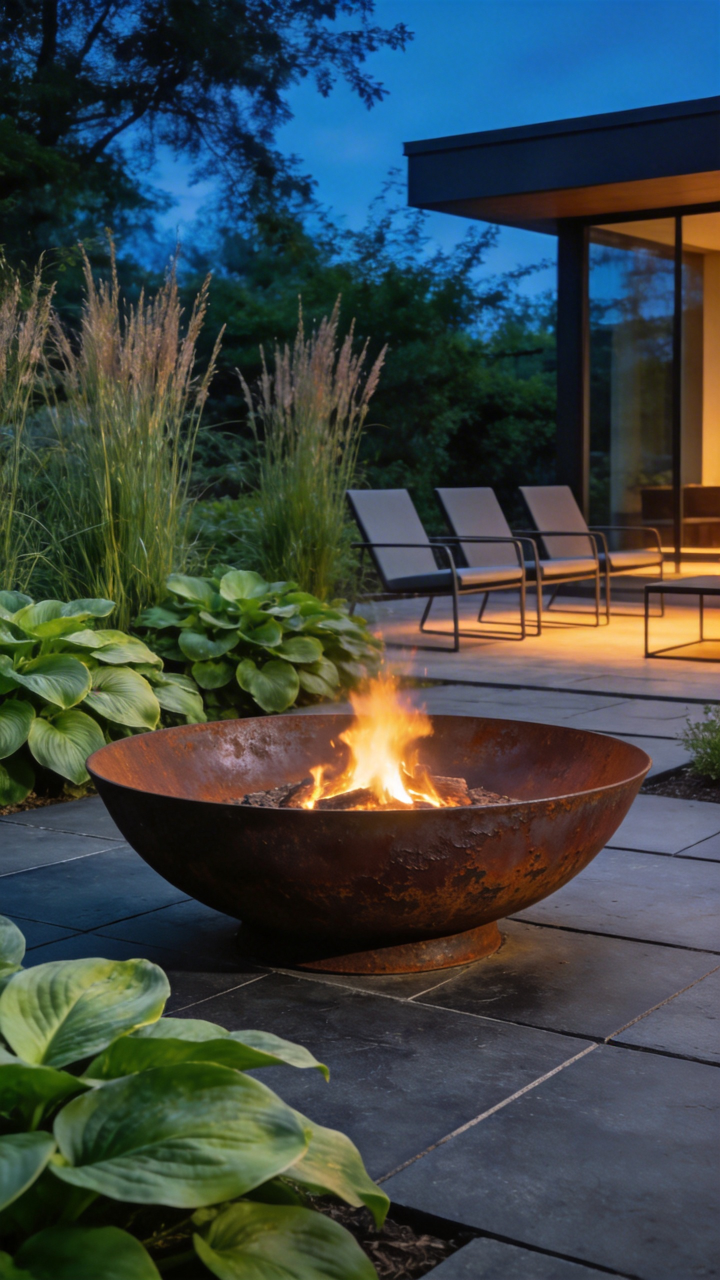 A circular Corten steel fire pit with a weathered dark patina burning brightly on a modern stone patio at dusk.